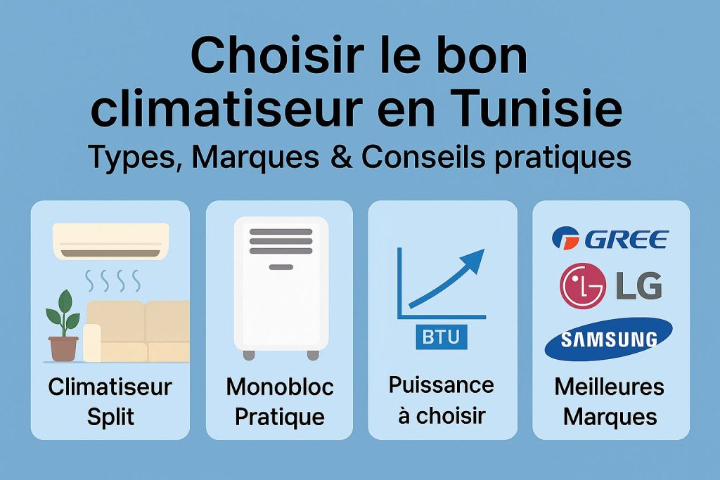 Guide visuel pour choisir un climatiseur en Tunisie : split, monobloc, puissance BTU, marques Gree LG Samsung