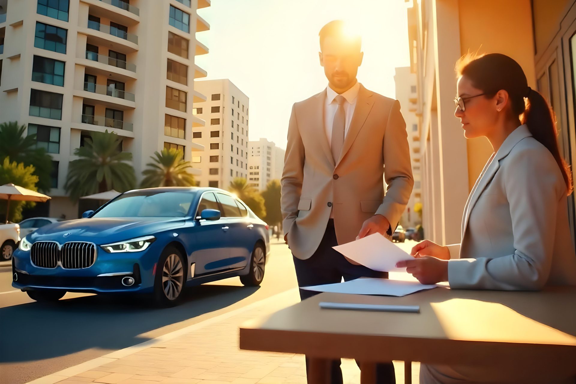 Solution de leasing tout-en-un en Tunisie : Un couple étudie les offres immobilières tout en découvrant les avantages du leasing automobile d'une BMW.