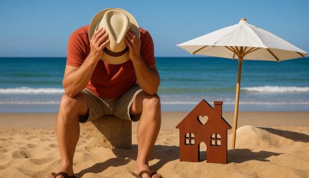 Location de vacances en Tunisie – Petite maison décorative sur la plage avec parasol et mer turquoise en arrière-plan, illustrant les conseils pour éviter les arnaques et profiter d’un séjour serein