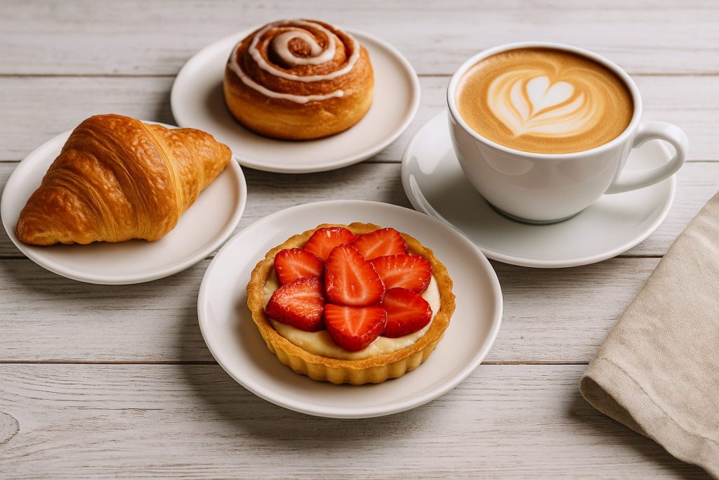 Tarte aux fraises, croissant, roulé à la cannelle et café latte sur fond clair