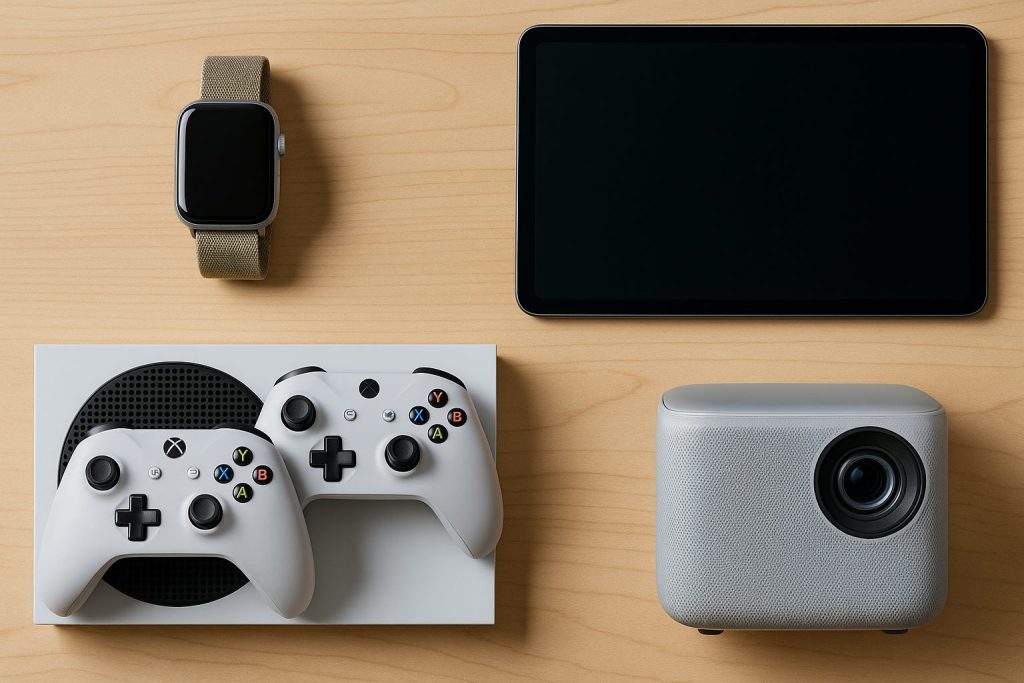 Console blanche, manettes, smartwatch et tablette sur fond bois clair