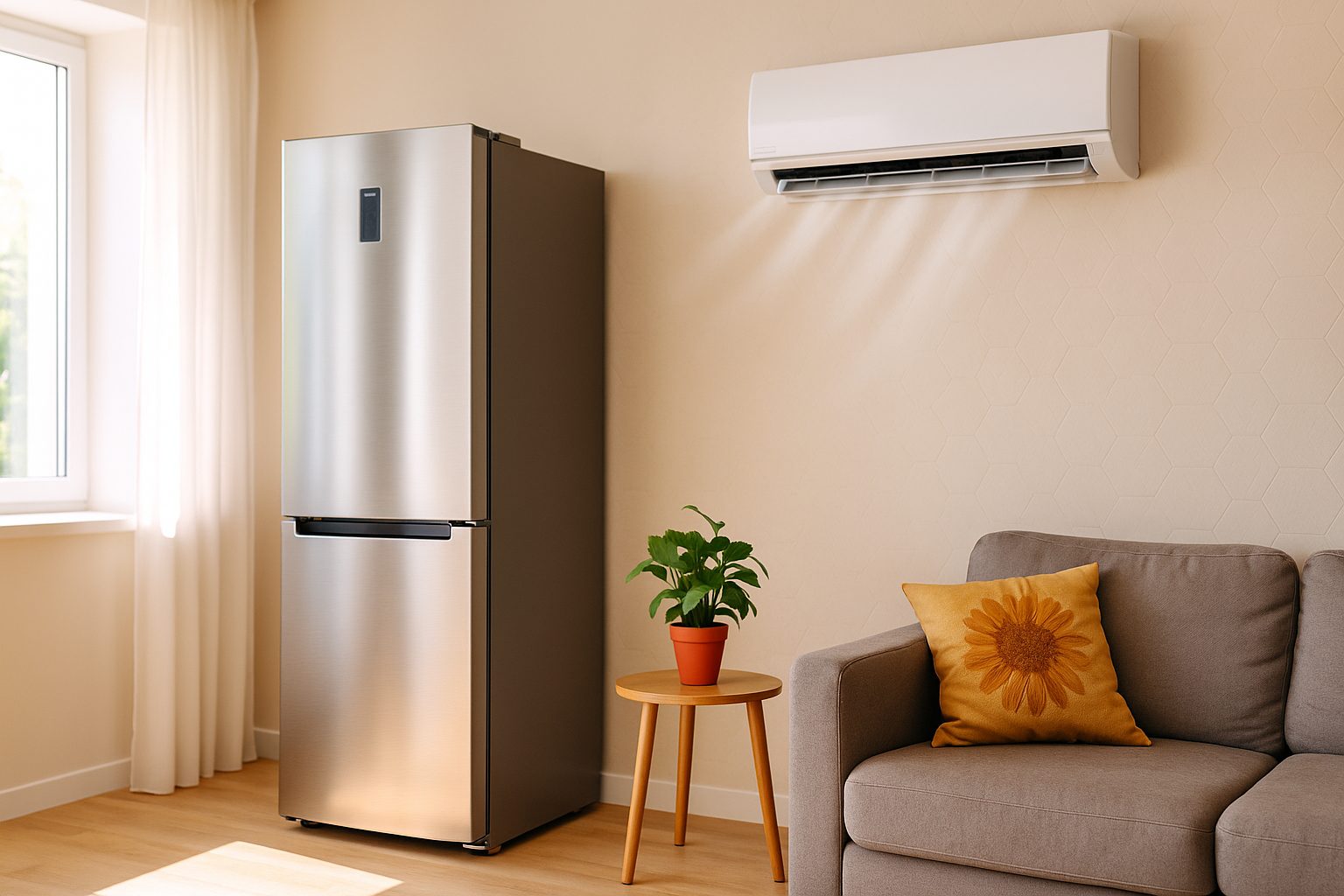 Réfrigérateur inox et climatiseur split mural dans salon moderne en Tunisie