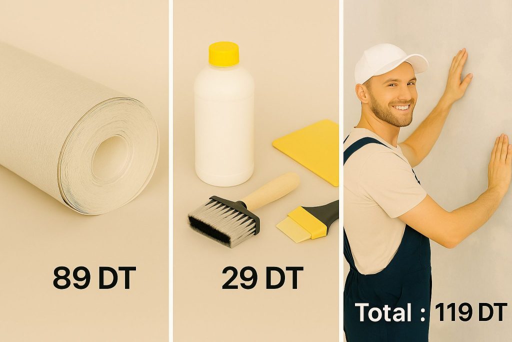 Outils de bricolage et rouleau beige posés sur fond neutre