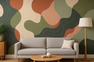 Salon avec canapé minimaliste et fresque artistique colorée