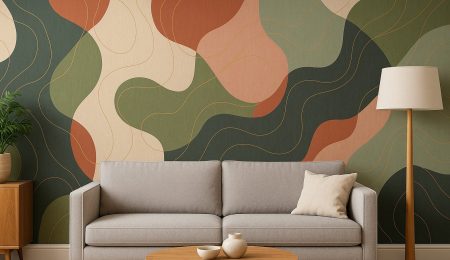 Salon avec canapé minimaliste et fresque artistique colorée