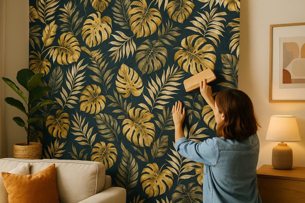 Femme concentrée en train d’appliquer un revêtement mural