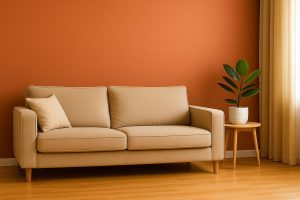 Mur peint en terracotta dans un salon tunisien moderne avec canapé beige et rideaux assortis