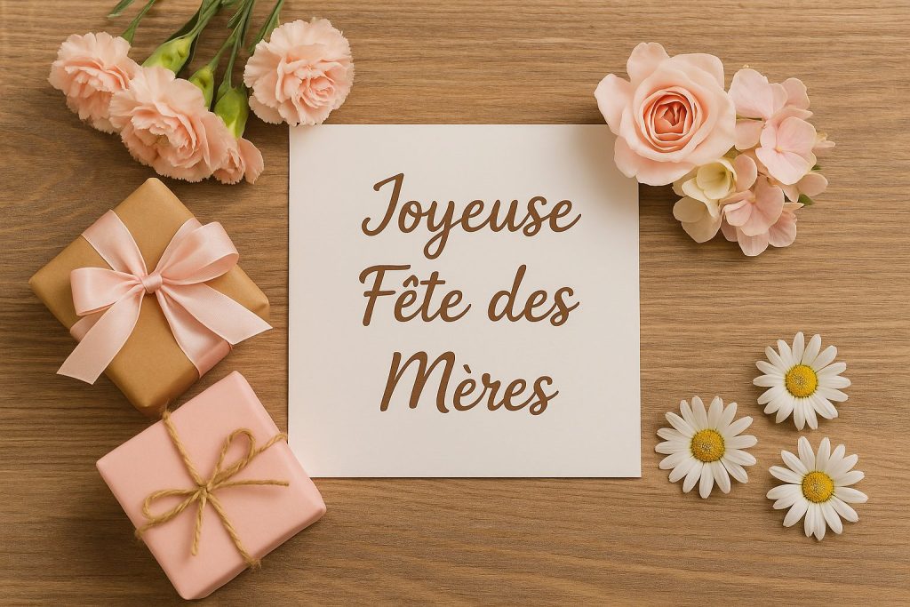 Carte écrite à la main, fleurs roses, et ambiance bois naturel