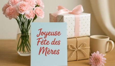 Visuel émotionnel fête des mères : carte Joyeuse Fête des Mères, cadeaux emballés, fleurs douces et ambiance chaleureuse