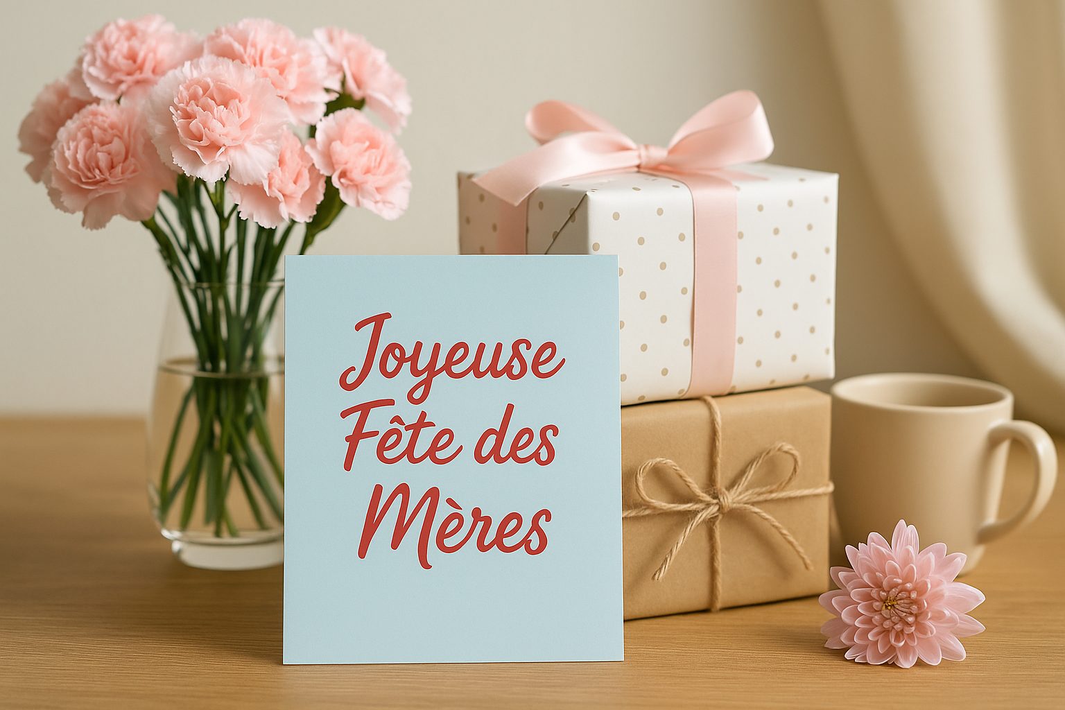 Visuel émotionnel fête des mères : carte Joyeuse Fête des Mères, cadeaux emballés, fleurs douces et ambiance chaleureuse