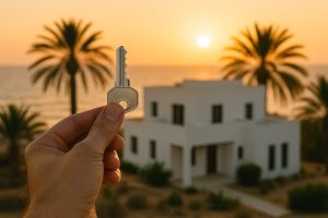 Homme tenant une clé devant une maison neuve en Tunisie – symbole d'achat immobilier sécurisé et de projet clé en main