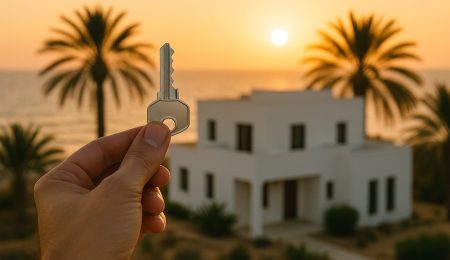 Homme tenant une clé devant une maison neuve en Tunisie – symbole d'achat immobilier sécurisé et de projet clé en main
