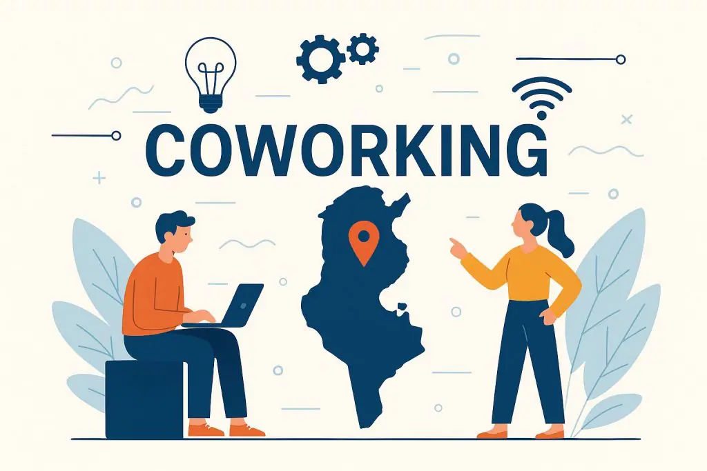 Carte des principaux espaces de coworking en Tunisie répartis entre Tunis, Sfax, Sousse, Djerba et Nabeul