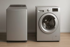 Comparatif visuel entre machine à ouverture par le haut et modèle frontal dans un contexte domestique