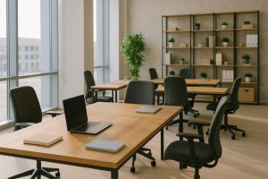 Espace de coworking moderne en Tunisie avec lumière naturelle, mobilier minimaliste et ambiance calme – idéal pour freelances, startups et télétravail.