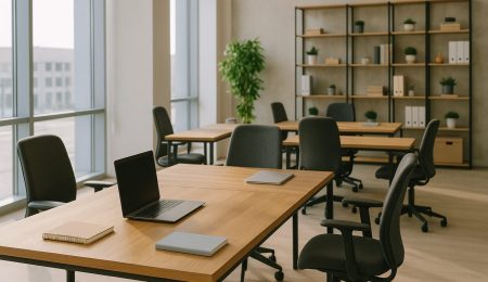 Espace de coworking moderne en Tunisie avec lumière naturelle, mobilier minimaliste et ambiance calme – idéal pour freelances, startups et télétravail.