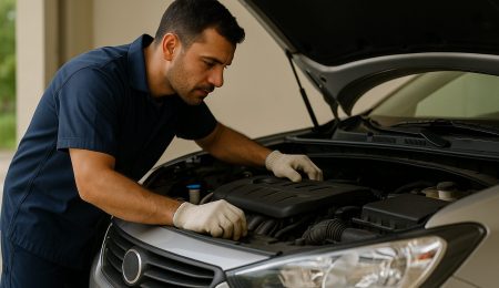 Mécanicien tunisien effectuant un contrôle moteur dans le cadre de l’entretien voiture occasion