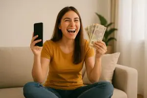 Jeune femme heureuse tenant des billets de 50 dinars tunisiens après avoir gagné de l’argent grâce à des annonces en ligne