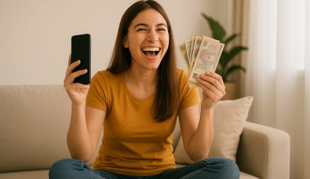Jeune femme heureuse tenant des billets de 50 dinars tunisiens après avoir gagné de l’argent grâce à des annonces en ligne