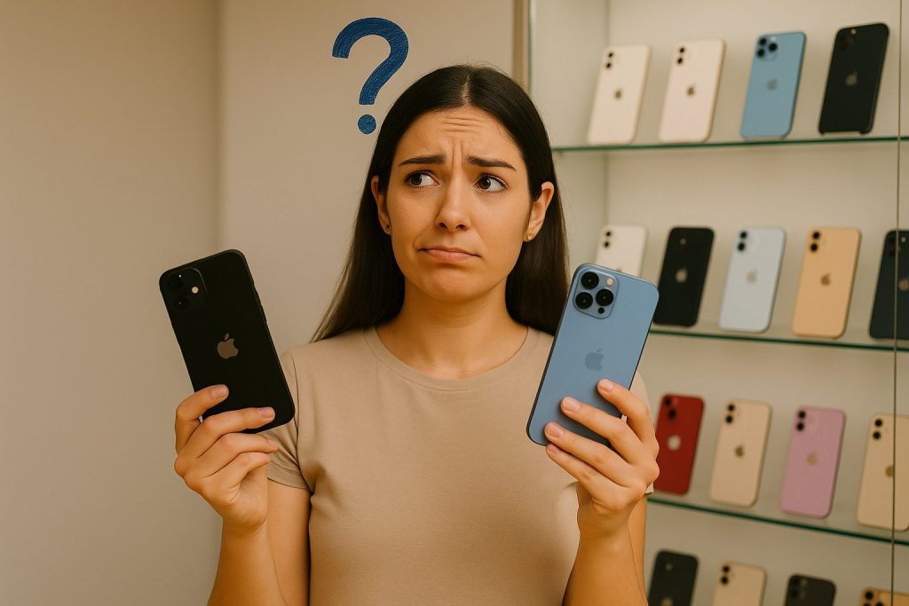 Jeune femme tunisienne indécise lors d'un achat dans une boutique high-tech