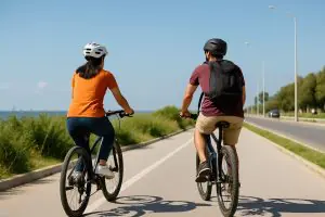 Couple tunisien en balade à vélo sur une piste cyclable au bord de mer — mobilité douce et liberté d’été en Tunisie