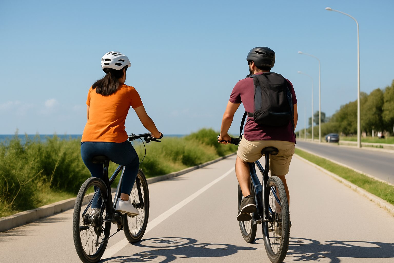 Couple tunisien en balade à vélo sur une piste cyclable au bord de mer — mobilité douce et liberté d’été en Tunisie