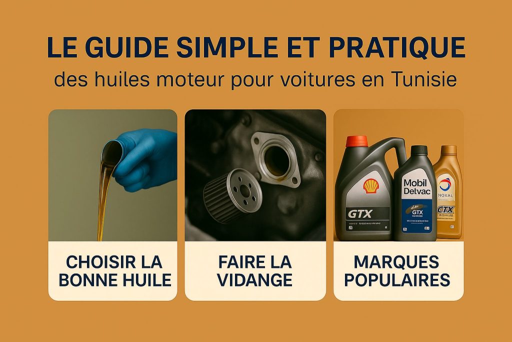 Infographie simple sur l'huile moteur pour voitures essence et diesel en Tunisie – choisir, changer et éviter les arnaques