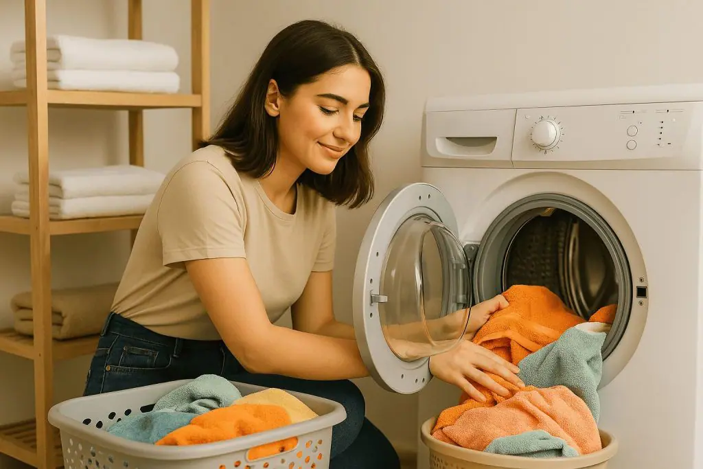 Personne plaçant son linge dans un appareil électroménager moderne dans un intérieur lumineux
