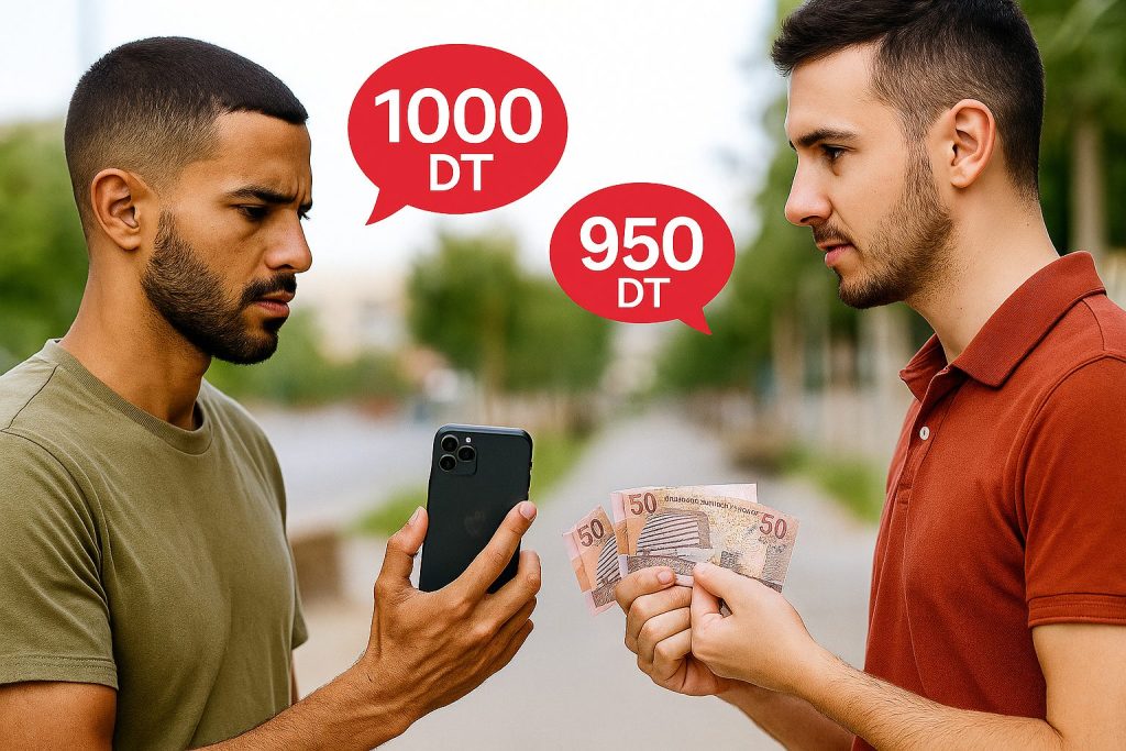 Deux jeunes Tunisiens négocient dans une scène de vente entre particuliers