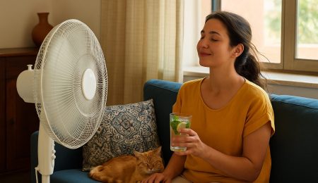 Femme tunisienne cherchant à se rafraîchir sans climatisation pendant une canicule à la maison