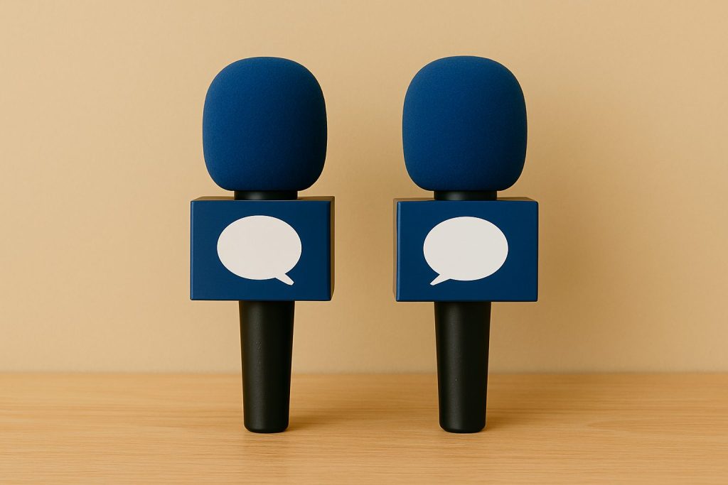 Deux micros face à face avec des bulles de dialogue, suggérant un échange ou interview