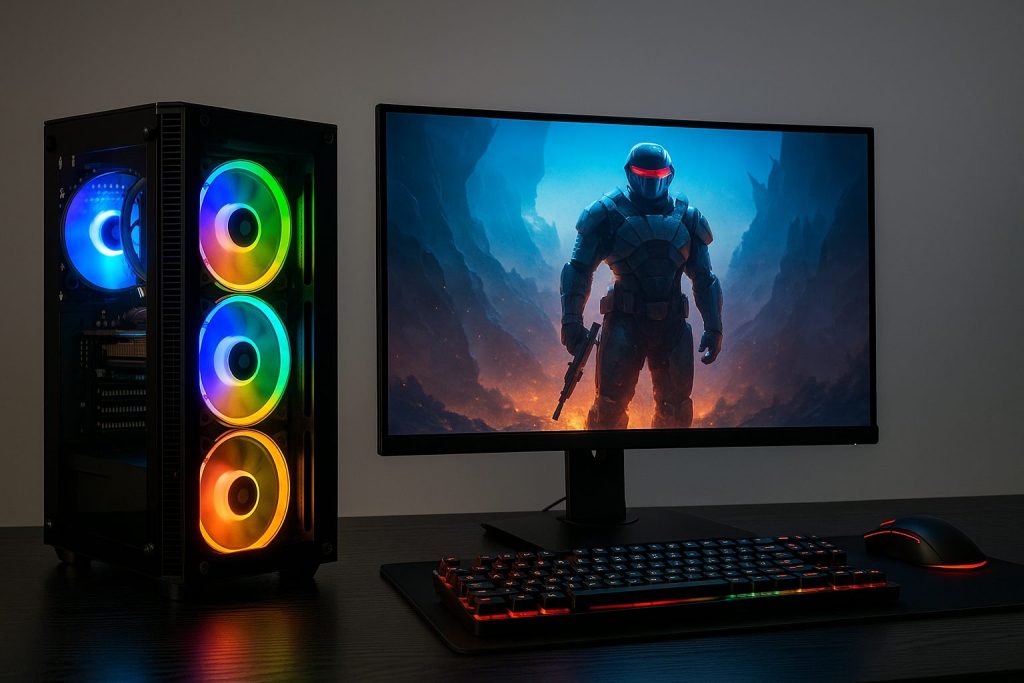 Accessoires de gaming RGB comprenant casque, souris, clavier et tapis lumineux