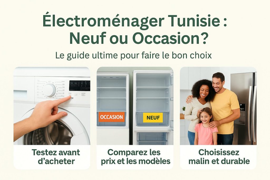 Infographie sur l’achat d’électroménager d’occasion en Tunisie : test avant achat, comparaison de prix et choix durable