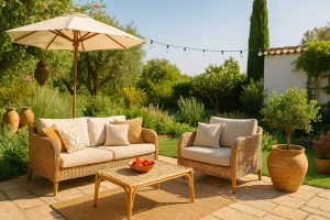 Aménagement de jardin en Tunisie avec salon extérieur, plantes méditerranéennes et ambiance naturelle, idéal pour terrasse ou balcon.