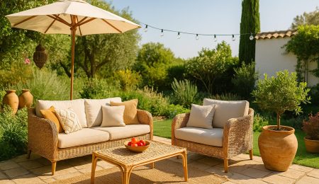Aménagement de jardin en Tunisie avec salon extérieur, plantes méditerranéennes et ambiance naturelle, idéal pour terrasse ou balcon.