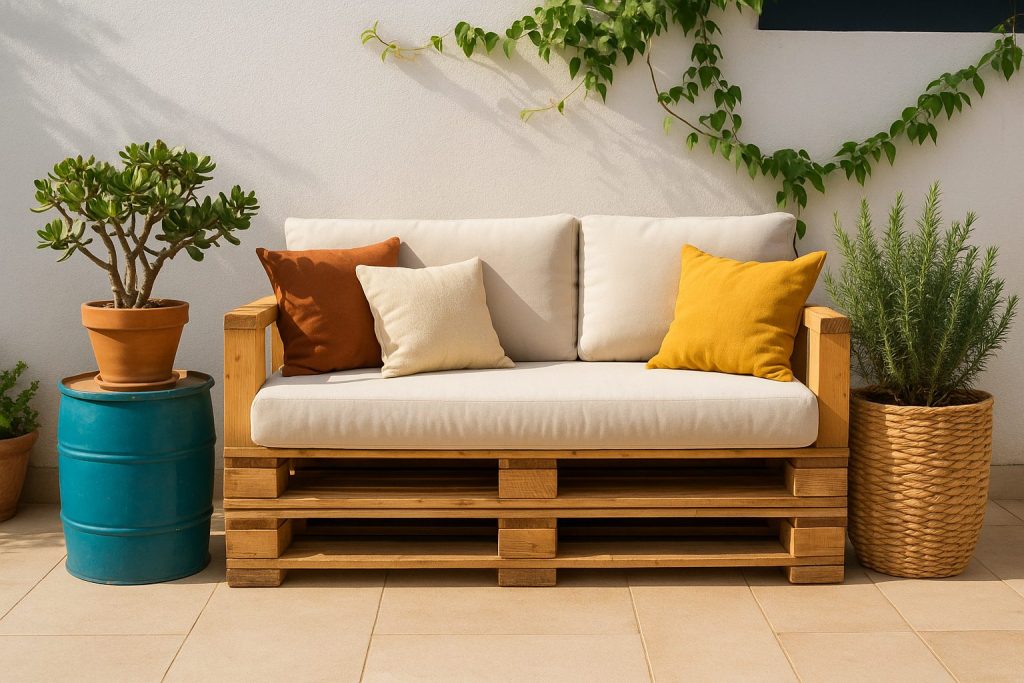 Coin détente estival avec plantes vertes, mobilier simple et ambiance naturelle