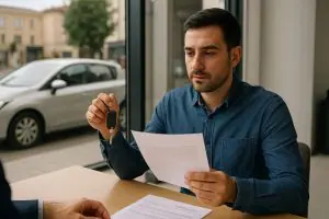 Homme consultant une assurance auto en Tunisie sur tablette dans un bureau moderne – choix de contrat automobile, décision réfléchie