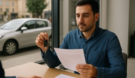 Homme consultant une assurance auto en Tunisie sur tablette dans un bureau moderne – choix de contrat automobile, décision réfléchie