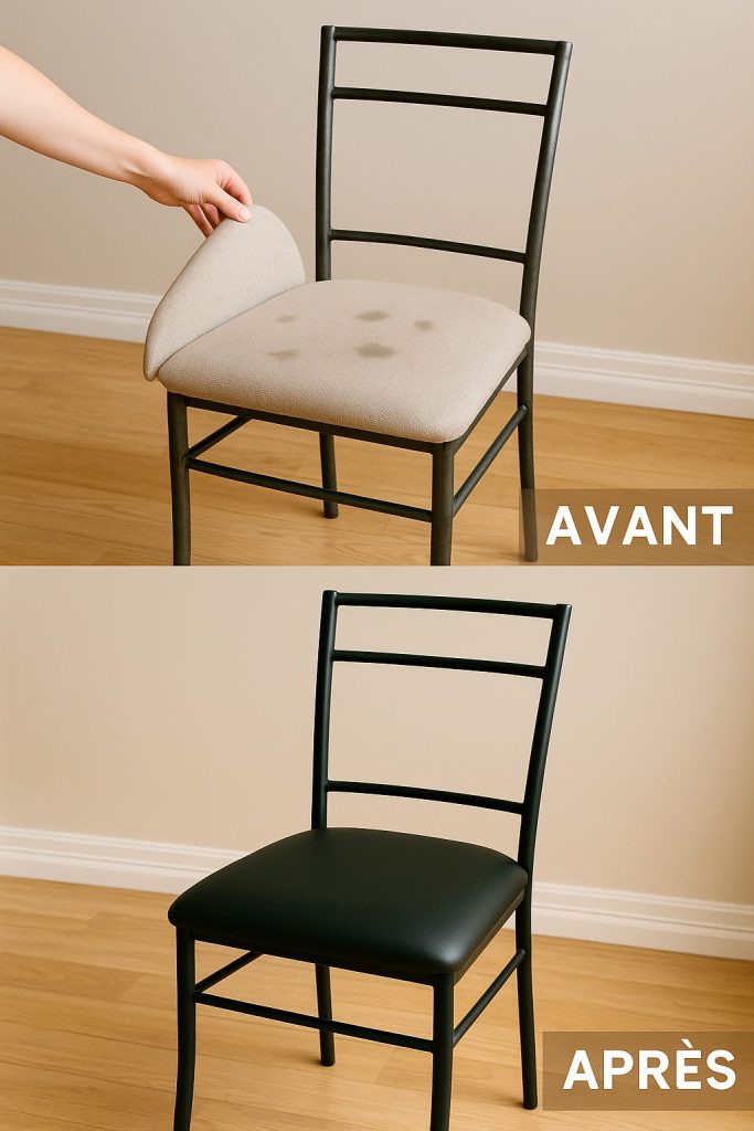 Avant après relooking d'une chaise avec skaï noir et peinture métal, exemple DIY en Tunisie