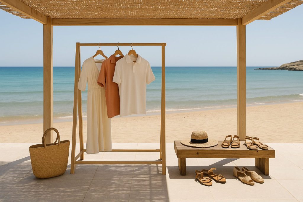 Devanture d’une boutique balnéaire colorée avec présentoirs  de vêtements estivaux en Tunisie illustrant les tendances mode été 2025 pour homme, femme et enfant en bord de mer 