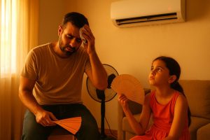 Père et fille souffrant de la chaleur à cause d'une panne de climatiseur dans une maison tunisienne – exemple concret des conséquences du manque d'entretien ou de mauvaise installation.