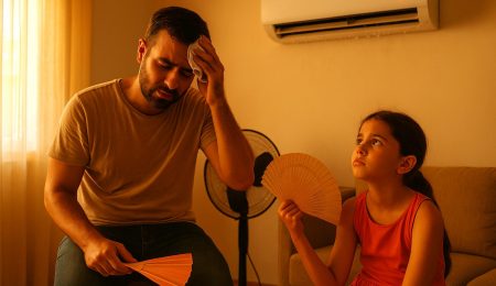 Père et fille souffrant de la chaleur à cause d'une panne de climatiseur dans une maison tunisienne – exemple concret des conséquences du manque d'entretien ou de mauvaise installation.