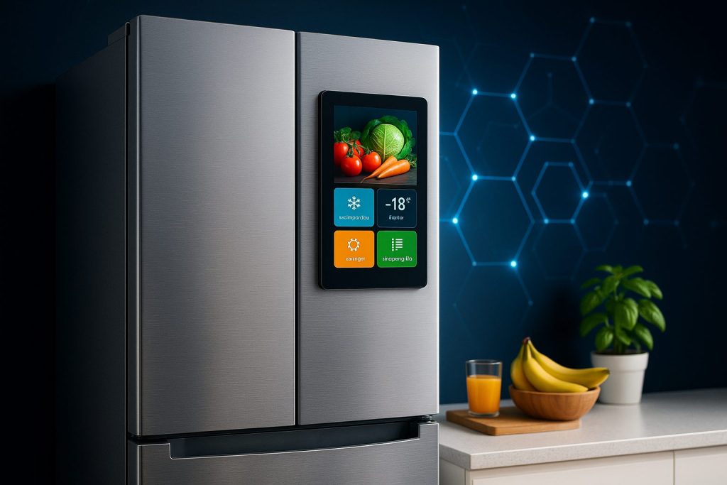 Machine brillante en acier avec écran digital, capturant une esthétique high-tech et minimaliste