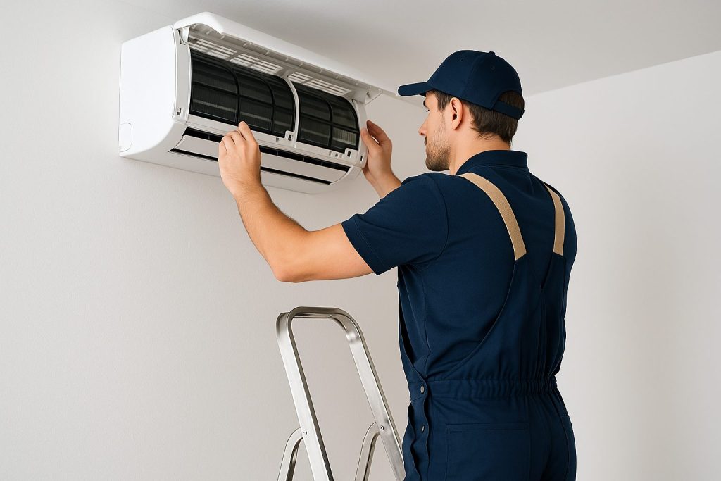 Technicien montant sur une échelle pour inspecter un appareil mural en hauteur