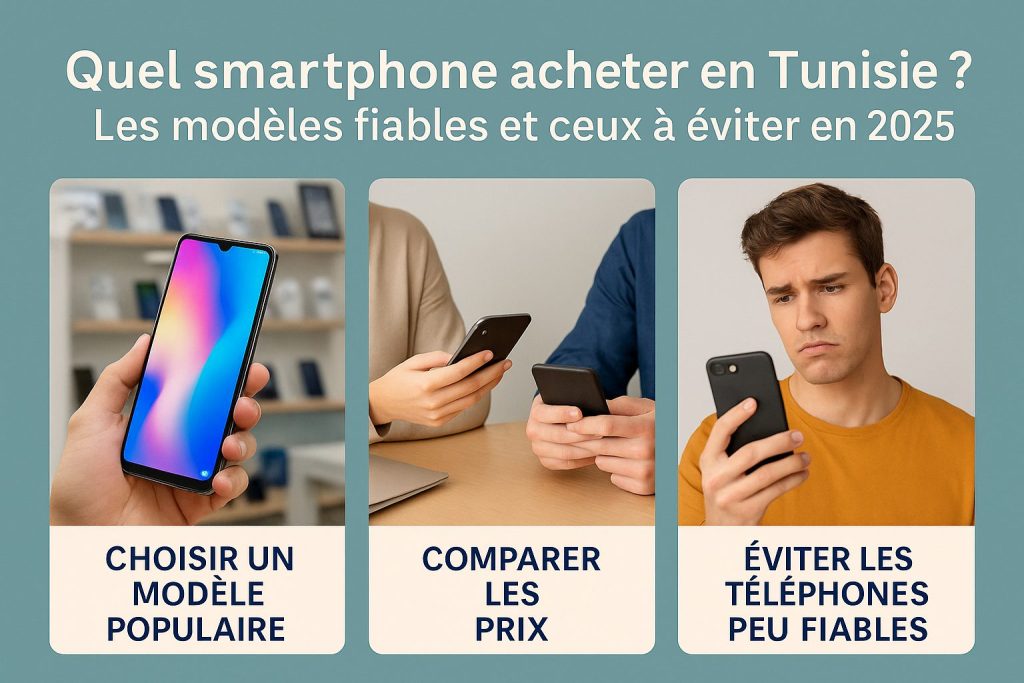 infographie guide smartphone tunisie 2025 avec étapes pour bien choisir un téléphone fiable ou éviter les modèles décevants