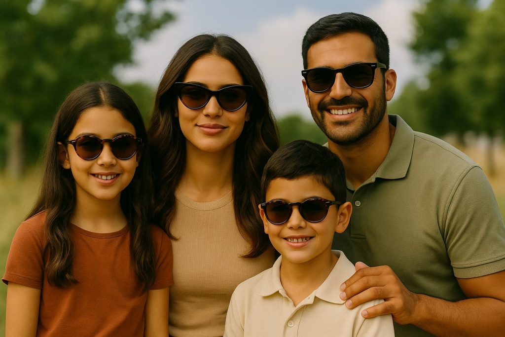 Famille tunisienne portant des lunettes de soleil tendance avec protection UV, en extérieur