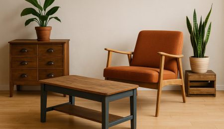 Salon lumineux avec meubles d’occasion rénovés, décoration authentique tunisienne et ambiance chaleureuse