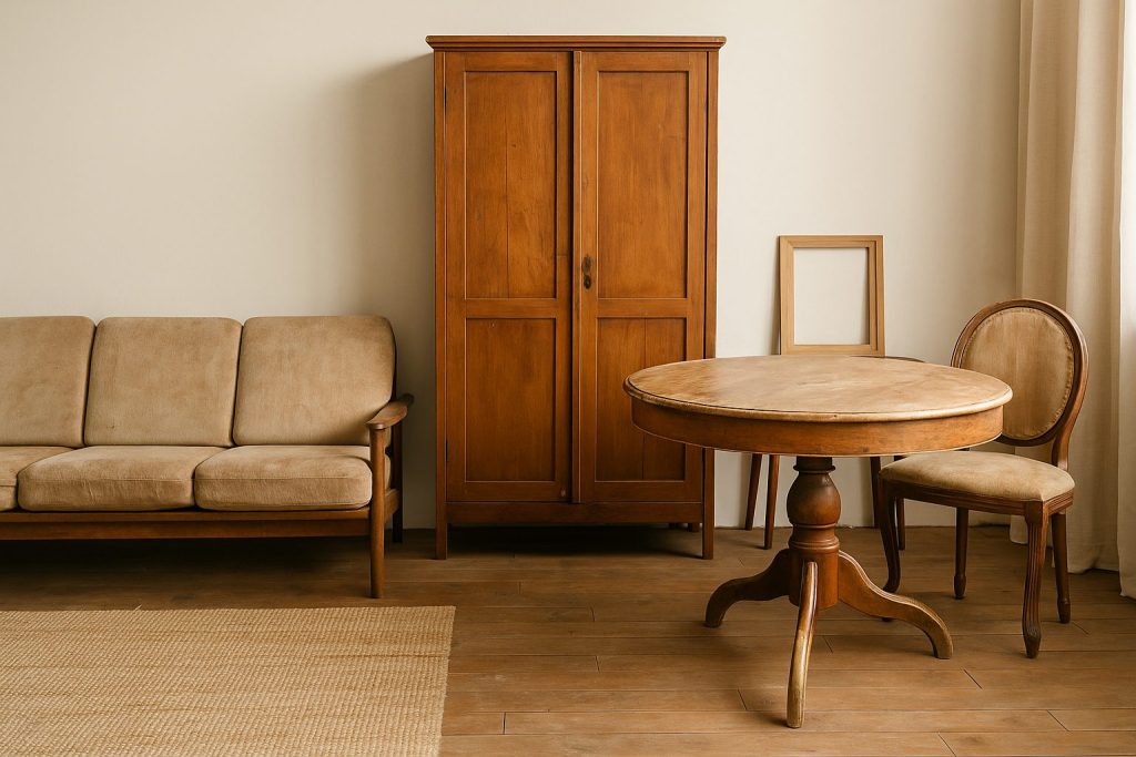 Salon lumineux avec meubles d’occasion en bois clair dans un style naturel et épuré