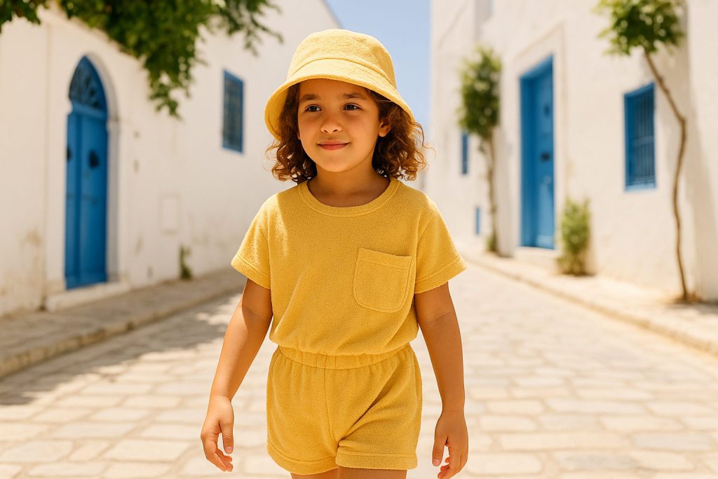 Jeune fille souriante marchant dans une ruelle ensoleillée à Tunis