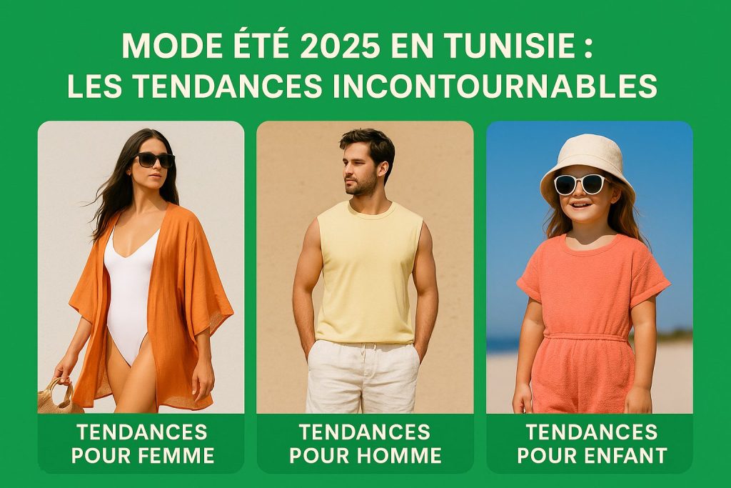 Lookbook visuel des tendances mode été 2025 en Tunisie avec inspirations vêtements, accessoires et idées shopping local pour femmes, hommes et enfants